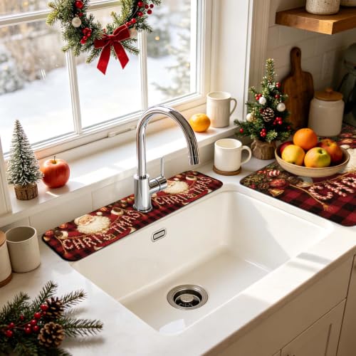 Christmas Santa Claus Sink Splash Guard Mat Set - 3 Pcs Kitchen & Bathroom Absorbing Mats