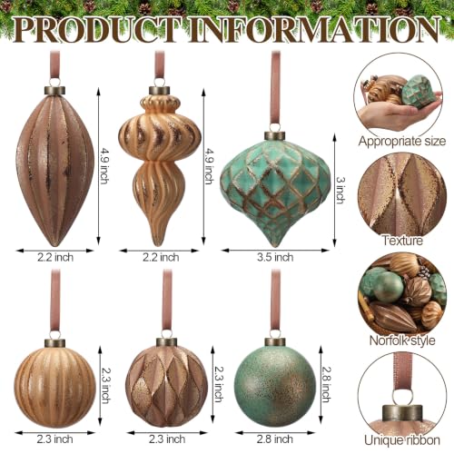 Neutral Christmas Ornaments Set of 12 - Textured Rustic Xmas Tree Decor, Copper, Brown & Green Variations