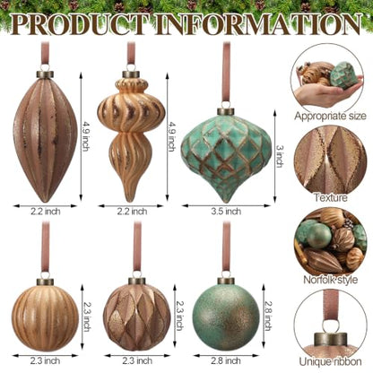 Neutral Christmas Ornaments Set of 12 - Textured Rustic Xmas Tree Decor, Copper, Brown & Green Variations