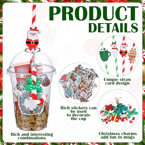 Christmas Party Favors Bulk Set with Cups, Straws, Stickers, Pendants & Rafia - Holiday Classroom Gifts