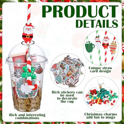 Christmas Party Favors Bulk Set with Cups, Straws, Stickers, Pendants & Rafia - Holiday Classroom Gifts