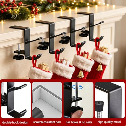 Black 4 Pack Adjustable Clamp-On Stocking Holders for Mantel Christmas Garland