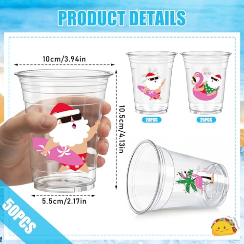 Summer Christmas Plastic Cups 50 Pack - 12 OZ Disposable Party Cups for Holiday & Summer Events