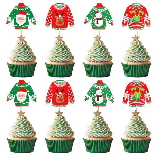 Ugly Sweater Christmas Cupcake Toppers 40 pcs Holiday Cake Decorations - Variation of Christmas-40pcs