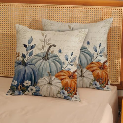 Watercolor Fall Pumpkin Pillow Covers 18x18 Set of 2 Orange Blue White Linen