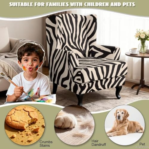 Zebra Stripe Wingback Chair Cover 2 Piece Slipcover - Reversible Fit