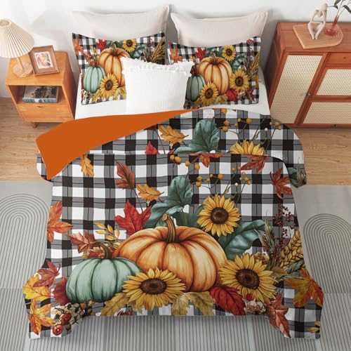 Halloween Duvet Cover Set King Size 3 Pieces - Pumpkin Sunflower Maple