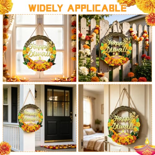 Diwali Wreath - Wooden Happy Diwali Decoration for Front Door & Wall, 13x11.4 Inches