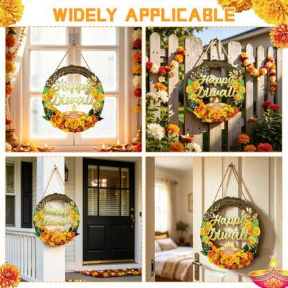 Diwali Wreath - Wooden Happy Diwali Decoration for Front Door & Wall, 13x11.4 Inches