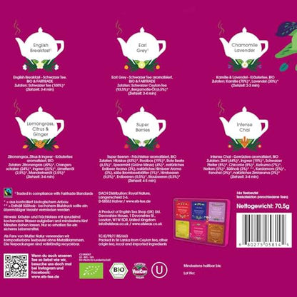 Organic Tea Gift Set - Assorted Flavors in Recyclable Tin, 36 Tea Bags