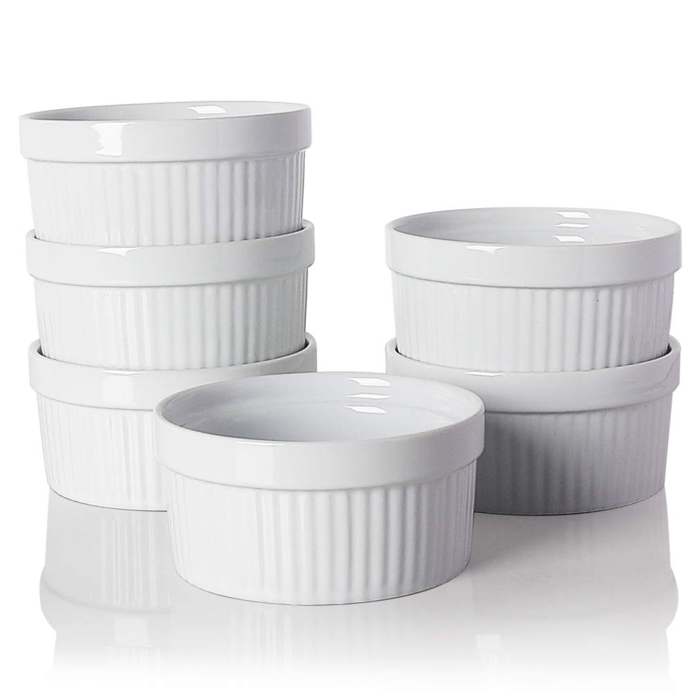 Sweejar Ceramics Souffle Dishes,Ramekins,8 oz for Baking, Pudding, Creme Brulee, Souffle - Set of 6(White)