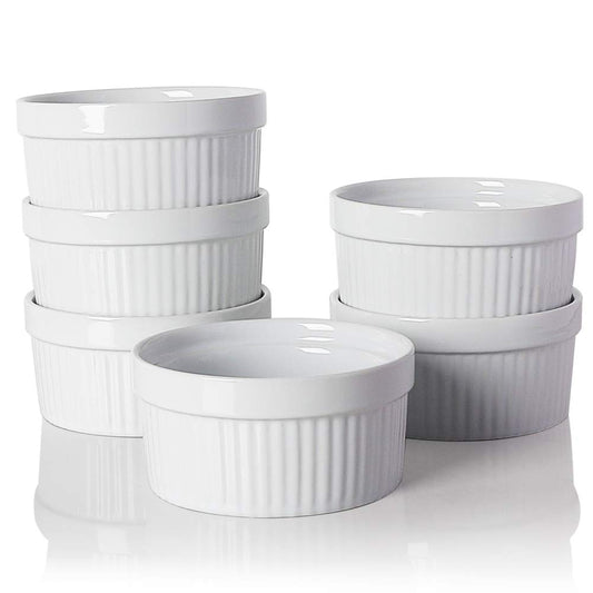 Sweejar Ceramics Souffle Dishes,Ramekins,8 oz for Baking, Pudding, Creme Brulee, Souffle - Set of 6(White)