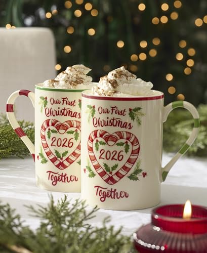 First Christmas Together Mug Set for 2 - Holly & Candy Cane Handles, 16oz