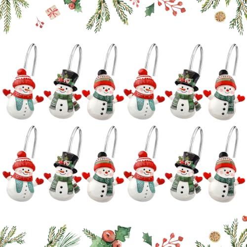 Christmas Snowman Shower Curtain Hooks Set - 12 Decorative Bathroom Accessories