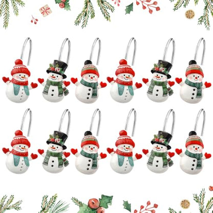 Christmas Snowman Shower Curtain Hooks Set - 12 Decorative Bathroom Accessories