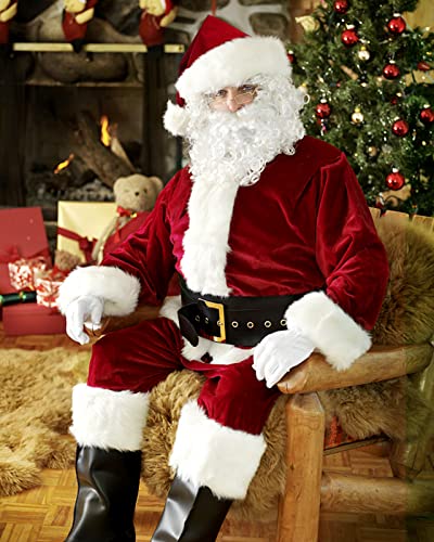 Santa Claus Costume for Men - 9Pcs Deluxe Velvet Suit, Dark Red, X-Large