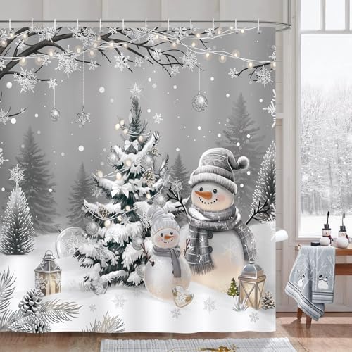 Christmas Snowman Shower Curtain - 72x72 Inch Silver Grey Holiday Bathroom Decor - Variation of Christmas Snowman / 72W x 72L