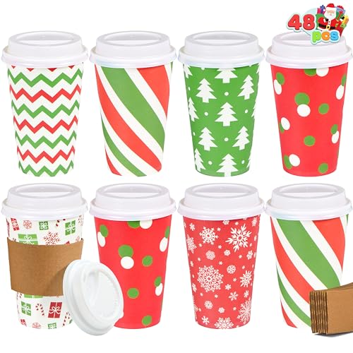 Retro Christmas Disposable Cups Set with Lids & Sleeves - 48 Pack, 16 oz Holiday Drinkware