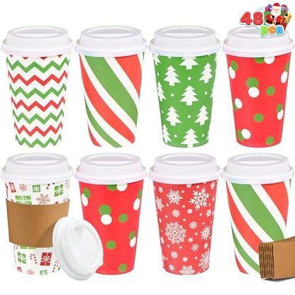 Retro Christmas Disposable Cups Set with Lids & Sleeves - 48 Pack, 16 oz Holiday Drinkware