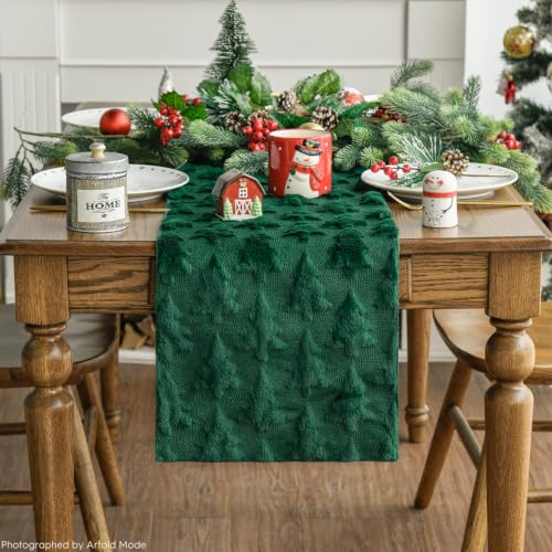 Christmas Tree Table Runner Green 13x120 Inch Faux Fur Holiday Decor