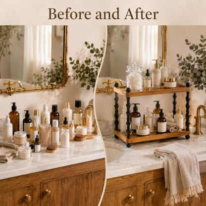 Wooden 2-Tier Bathroom Counter Organizer with Spindle Legs, Vanity Storage Shelf