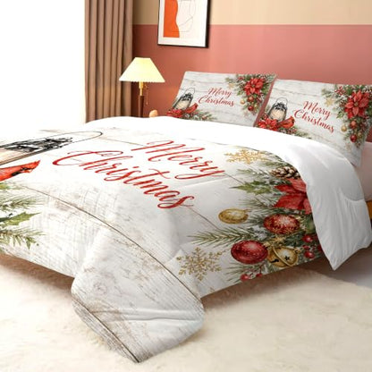 Christmas King Bedding Set with Rustic Red Cardinal Bird Design, Comforter & Pillowcases - FUYEUN Variation 17-02