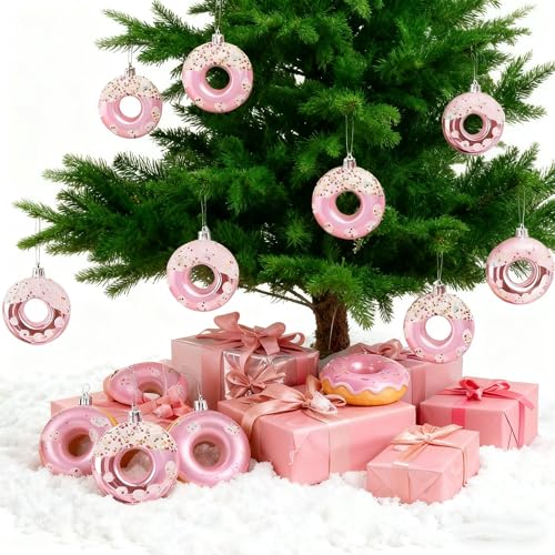 Pink Donut Christmas Ornament Set - 8 Candy Hanging Decorations for Holiday Tree