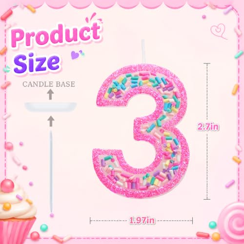Rainbow Sprinkles Number 3 Candle for 3rd Birthday Decorations - Hot Pink