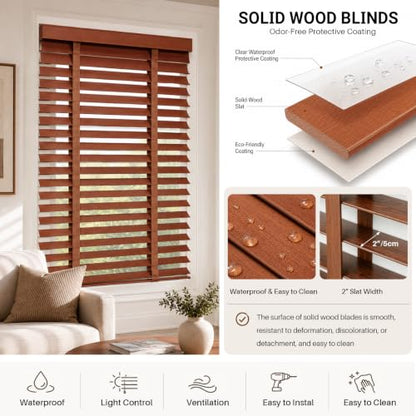 Dark Walnut Custom Size Wooden Blinds - Cordless Venetian Window Shades with 2" Slats for Room Darkening & Privacy