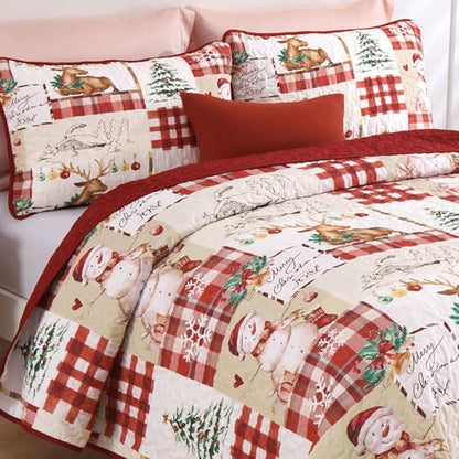 Christmas Quilt Set Queen Size 3-Piece Bedspread Bedding with Reindeer Snowman Pattern - Red & Green
