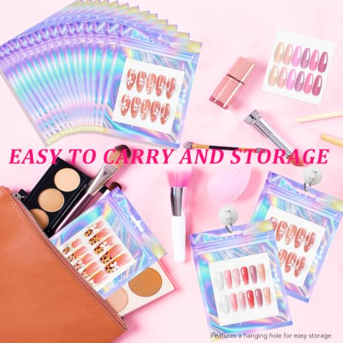 Medium Holographic Nail Packaging Bags Set with Double-Sided Tape and Cardboard - 50 Pieces