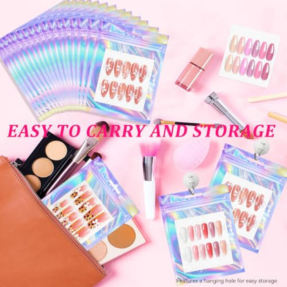 Medium Holographic Nail Packaging Bags Set with Double-Sided Tape and Cardboard - 50 Pieces