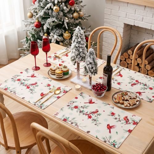Red Cardinal Bird Christmas Placemats Set of 4 Water Resistant Holiday Table Decor