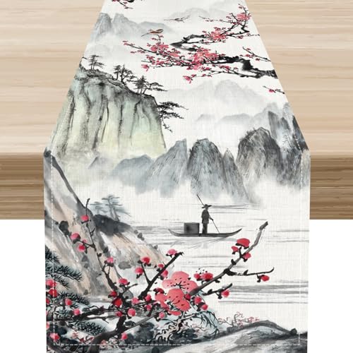 Japanese Table Runner - Ink Painting Plum Cherry Blossom Landscape, Rustic Asian Design, 13x36 Inches - Variation of THIS listing