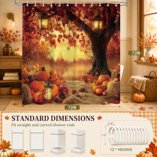 Fall Pumpkins and Maple Leaf Shower Curtain - Autumn Farmhouse Bathroom Decor, 72x72 Inch Waterproof Polyester with 12 Hooks