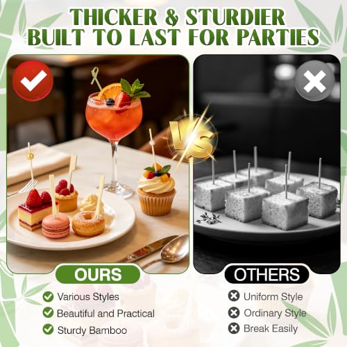 500PCS Bamboo Cocktail Picks Kit for Appetizers and Drinks - 5 Styles, 2 Sizes