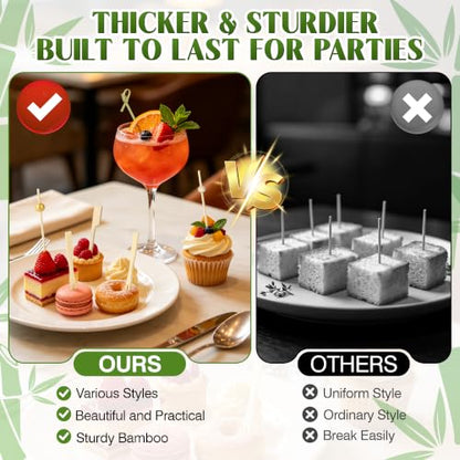 500PCS Bamboo Cocktail Picks Kit for Appetizers and Drinks - 5 Styles, 2 Sizes