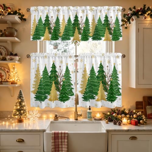 Christmas Tree Kitchen Curtains Valance and Tier Set - Green White Snowflakes, Stars, Gold Tree & Variation of THIS Listing