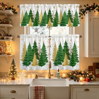 Christmas Tree Kitchen Curtains Valance and Tier Set - Green White Snowflakes, Stars, Gold Tree & Variation of THIS Listing