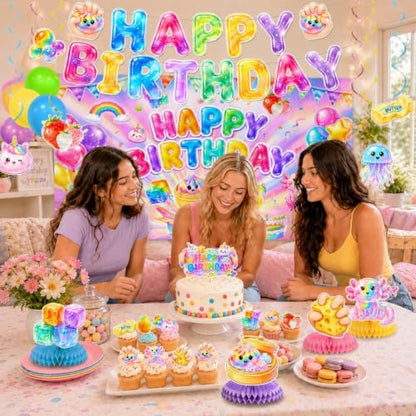 46Pcs Squishy Dumpling Birthday Decorations Party Kit - Balloon Banner Cake Toppers