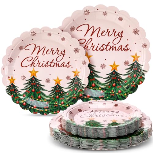 Christmas Tree Plates Set - Merry Christmas Party Decorations, 60 Pieces, Tree Design