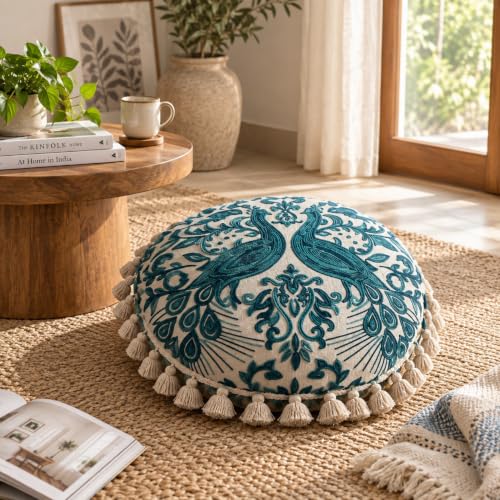 Boho Embroidered Floor Cushion with Tassels 20x20 Inch Meditation Seat