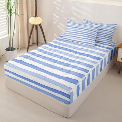 Kids Zipper Bedding Set - Watercolor Stripe Twin with Comforter & Sheets - Navy Blue Variation