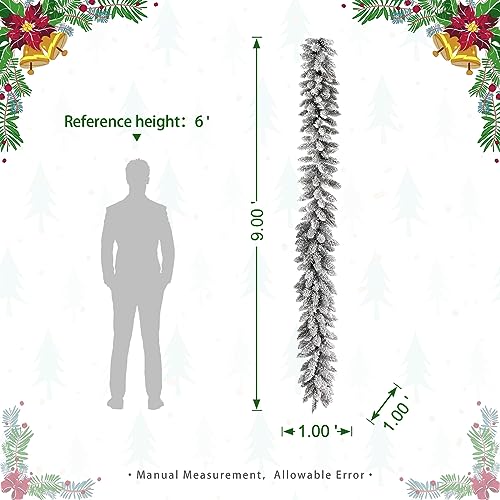Snow Flocked Christmas Garland 9ft with Warm White LED Lights & Timer - Indoor Outdoor Decor