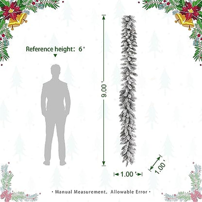 Snow Flocked Christmas Garland 9ft with Warm White LED Lights & Timer - Indoor Outdoor Decor