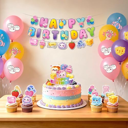 Squishy Birthday Decorations Set with Banner Balloons & Cake Toppers - Variation of Squishy Decorations