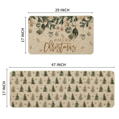 Holiday Christmas Tree Floor Mats Set of 2 - Non-Slip Kitchen Rugs 17x29 & 17x47 Inches