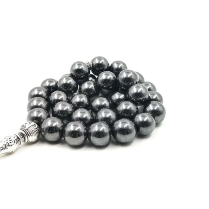 Natural Hematite Stone Tasbih Prayer Beads 33 Count Islamic Jewelry with Metal Tassel 10mm