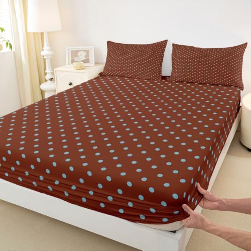 Kids Full Size Fitted Sheet Set Blue Brown Geometric Polka Dot Bedding - 2 Pillowcases