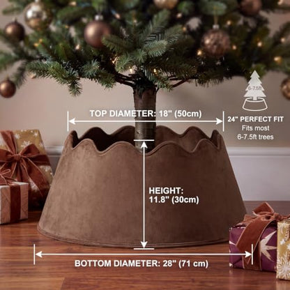 Brown Velvet Christmas Tree Collar 28 Inch with Scalloped Edge - Holiday Decor